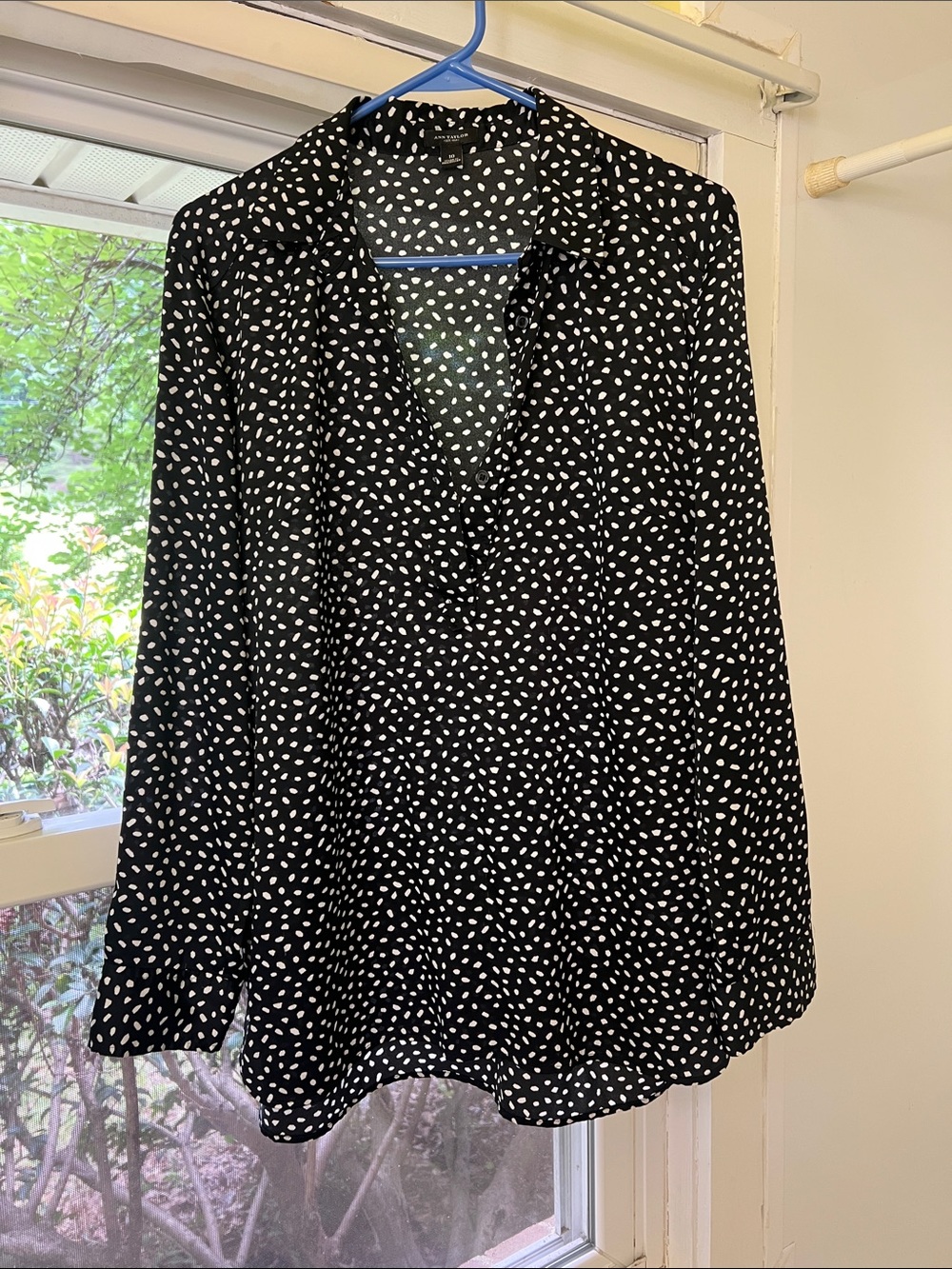 Ann Taylor Black Blouse with White Polka Dot Print